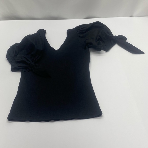 Anthropologie Maeve Women’s Black Puff Sleeve Blouse SM Double V Neck - Picture 6 of 13